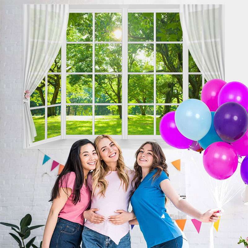 Lofaris White Window And Green Trees With Sunshine Backdrop