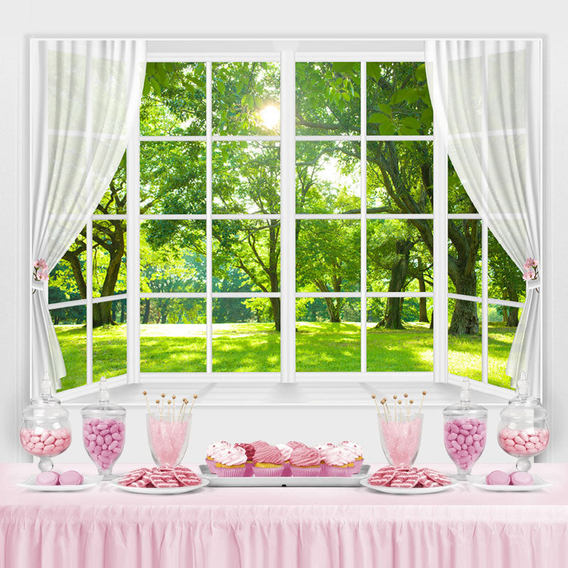 Lofaris White Window And Green Trees With Sunshine Backdrop