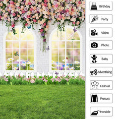 Lofaris White Window And Wall With Flower Grass Spring Backdrop