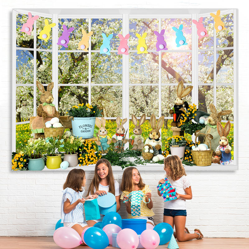 Lofaris White Window Floral Rabbits Happy Easter Day Backdrop