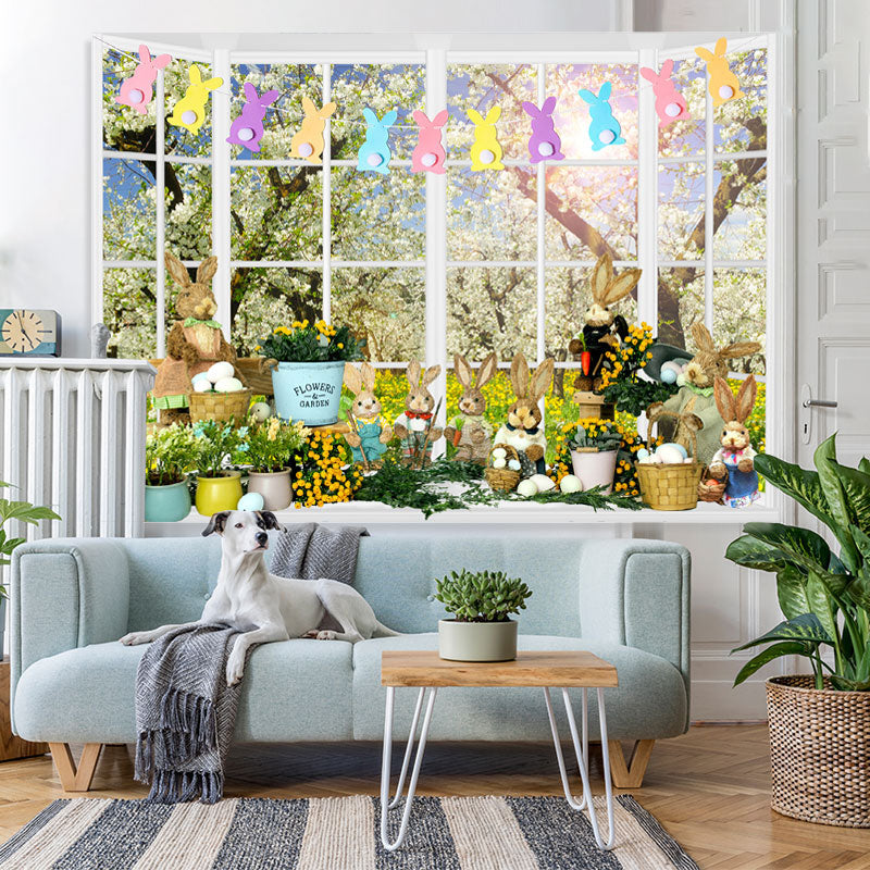 Lofaris White Window Floral Rabbits Happy Easter Day Backdrop