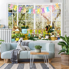 Lofaris White Window Floral Rabbits Happy Easter Day Backdrop