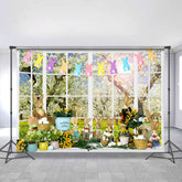 Lofaris White Window Floral Rabbits Happy Easter Day Backdrop