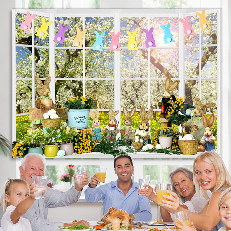 Lofaris White Window Floral Rabbits Happy Easter Day Backdrop