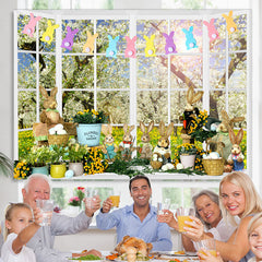 Lofaris White Window Floral Rabbits Happy Easter Day Backdrop