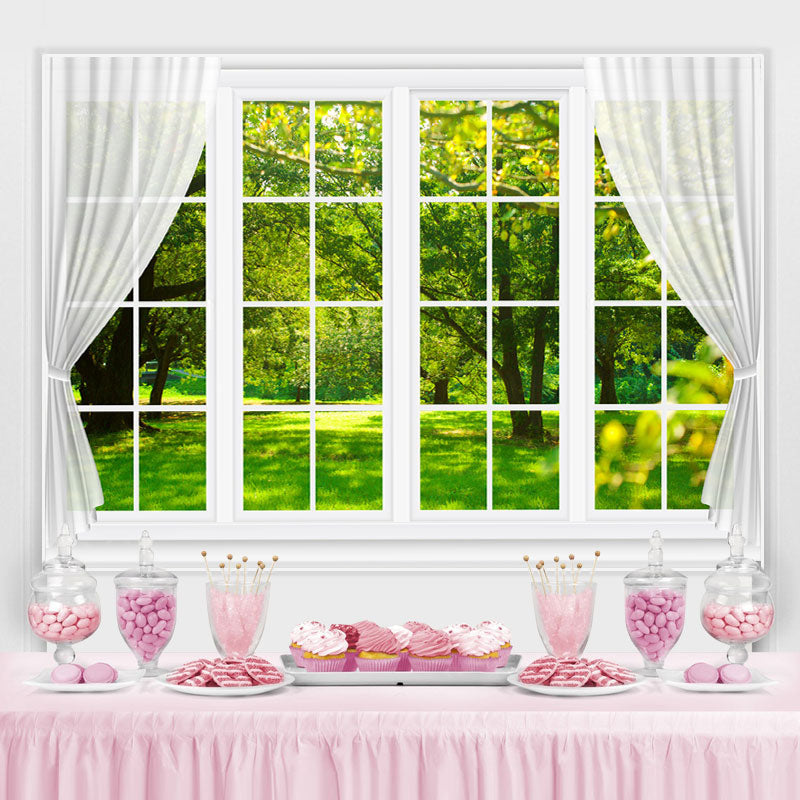 Lofaris White Window With Green Forest Outside Spring Backdrop