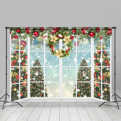 Lofaris White Window With Snowy Christmas Tree Holiday Backdrop