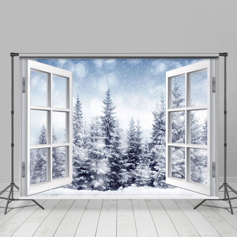 Lofaris White Window With Snowy Forest Cold Winter Backdrop
