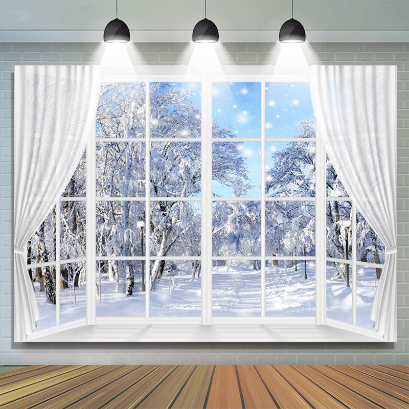 Lofaris White Winter Curtain And Window Snowy Scene Backdrop