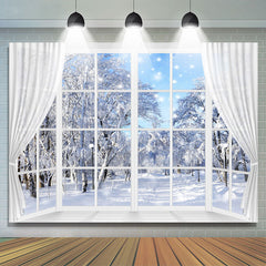 Lofaris White Winter Curtain And Window Snowy Scene Backdrop
