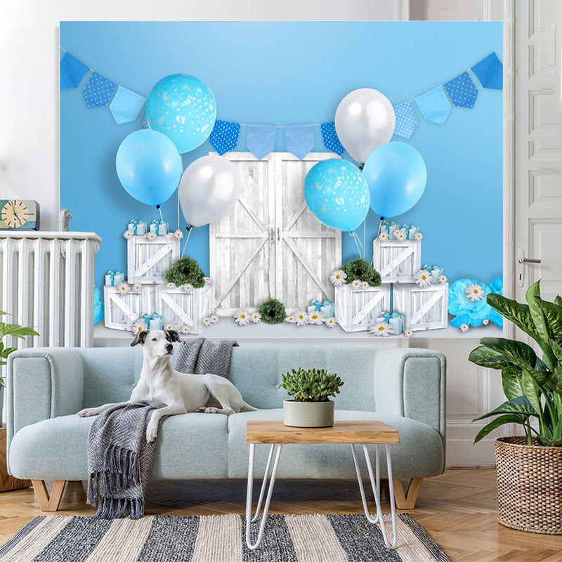 Lofaris White Wooden Blue Balloons Happy Birthday Backdrop