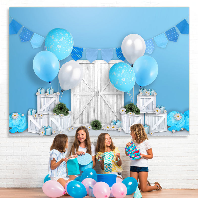 Lofaris White Wooden Blue Balloons Happy Birthday Backdrop