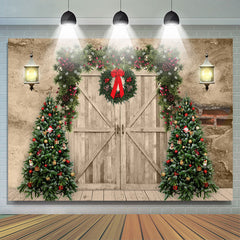 Lofaris Wihte Wooden Door With Tree Wreath Christmas Backdrop
