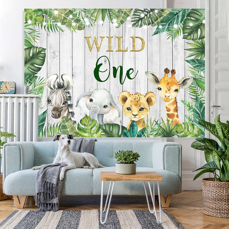 Lofaris Wild One Jungle Animals Green Leavs Birthday Backdrop for Kids