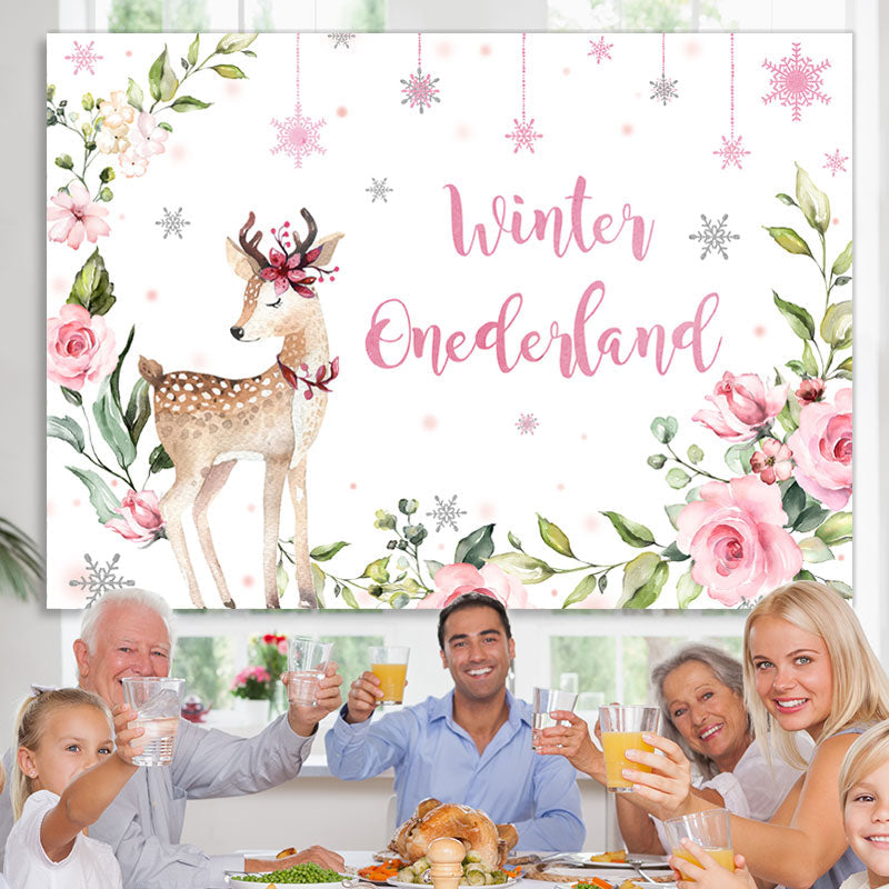 Lofaris Winter Christmas Elk Pink Flower Photoshoot Backdrops