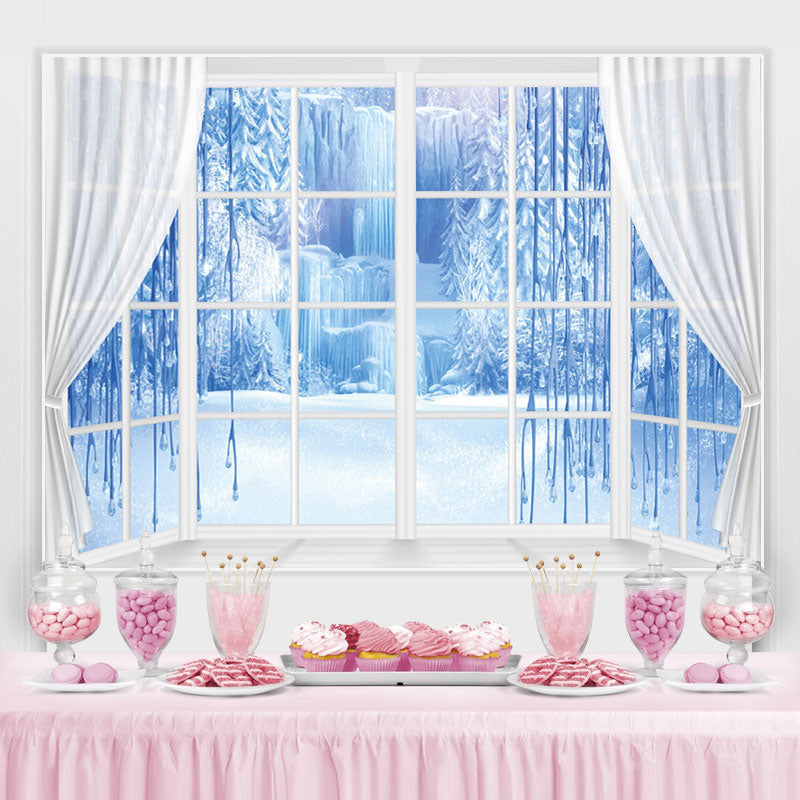 Lofaris Winter Curtain Window Blue Ice Scene Photo Backdrop