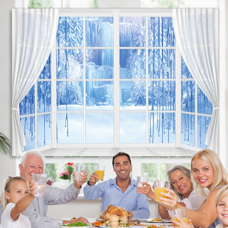 Lofaris Winter Curtain Window Blue Ice Scene Photo Backdrop