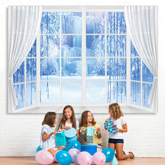 Lofaris Winter Curtain Window Blue Ice Scene Photo Backdrop