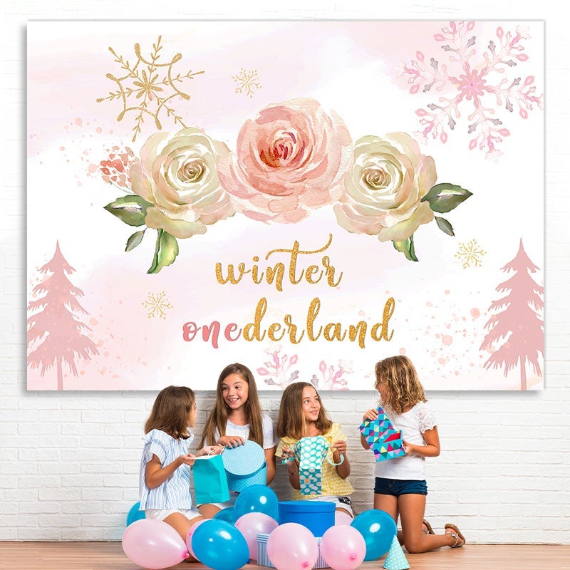 Lofaris Winter onederland Pink roses snow Birthday Backdrop