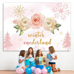 Lofaris Winter onederland Pink roses snow Birthday Backdrop