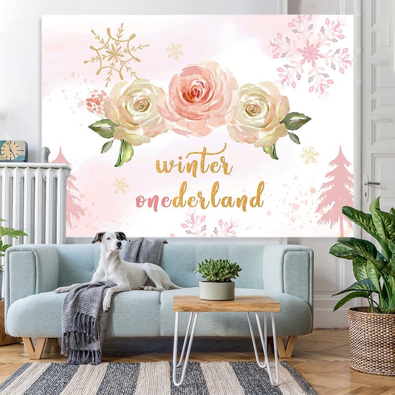 Lofaris Winter onederland Pink roses snow Birthday Backdrop