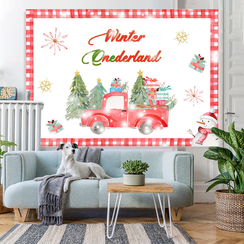 Lofaris Winter Onederland Red Truck Snowman Birthday Backdrop