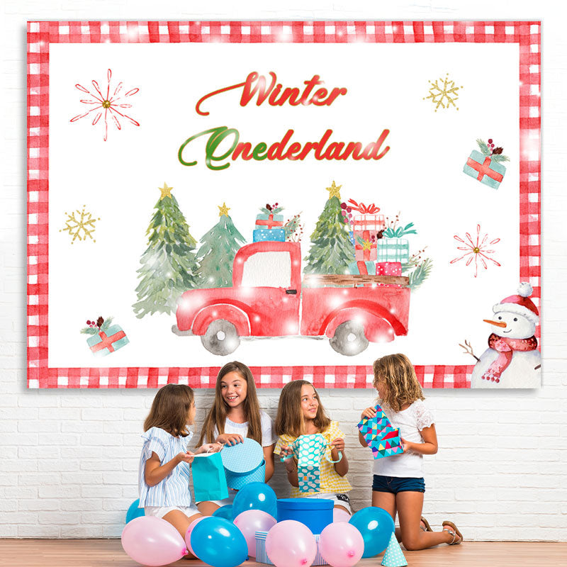 Lofaris Winter Onederland Red Truck Snowman Birthday Backdrop
