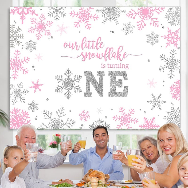 Lofaris Winter Pink Silver Onederland Snowflake Backdrop for Newborn Party