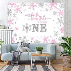 Lofaris Winter Pink Silver Onederland Snowflake Backdrop for Newborn Party