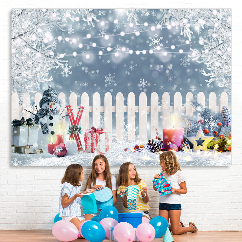 Lofaris Winter Snowman Gift Fence White Lights Bokeh Backdrop