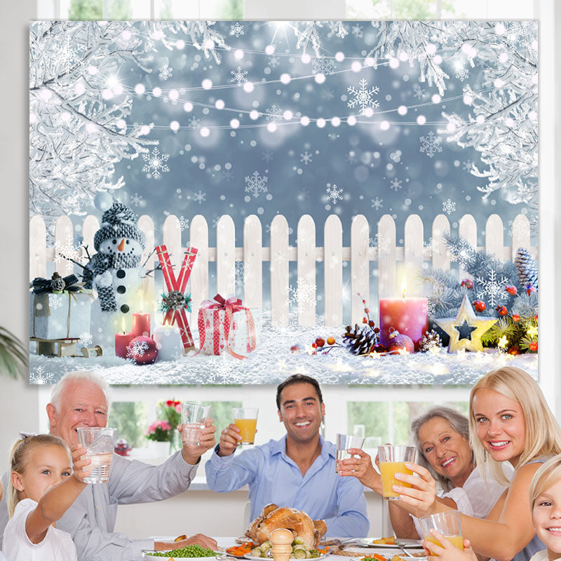 Lofaris Winter Snowman Gift Fence White Lights Bokeh Backdrop