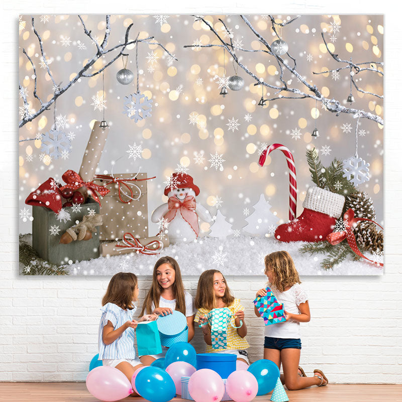 Lofaris Winter Tree Snowflake Gift Snowman Gold Bokeh Backdrop for Christmas