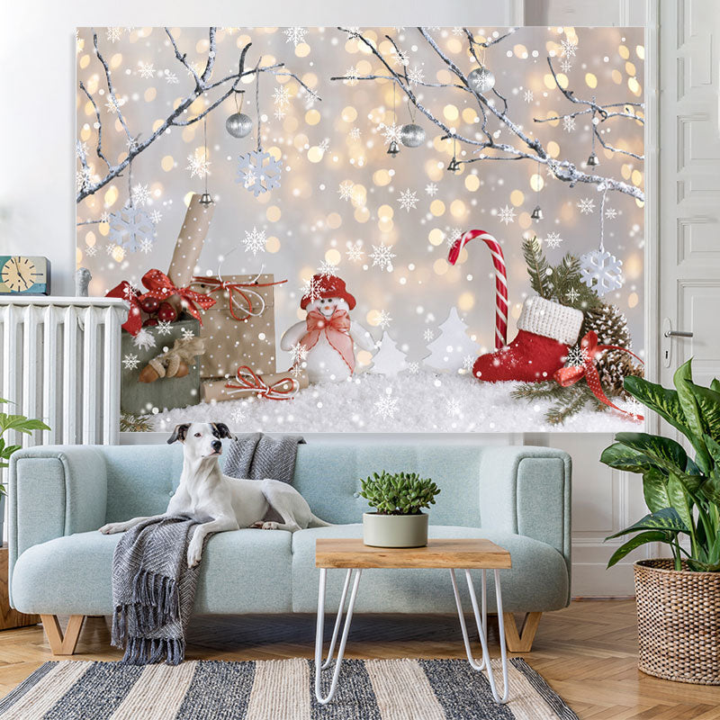 Lofaris Winter Tree Snowflake Gift Snowman Gold Bokeh Backdrop for Christmas