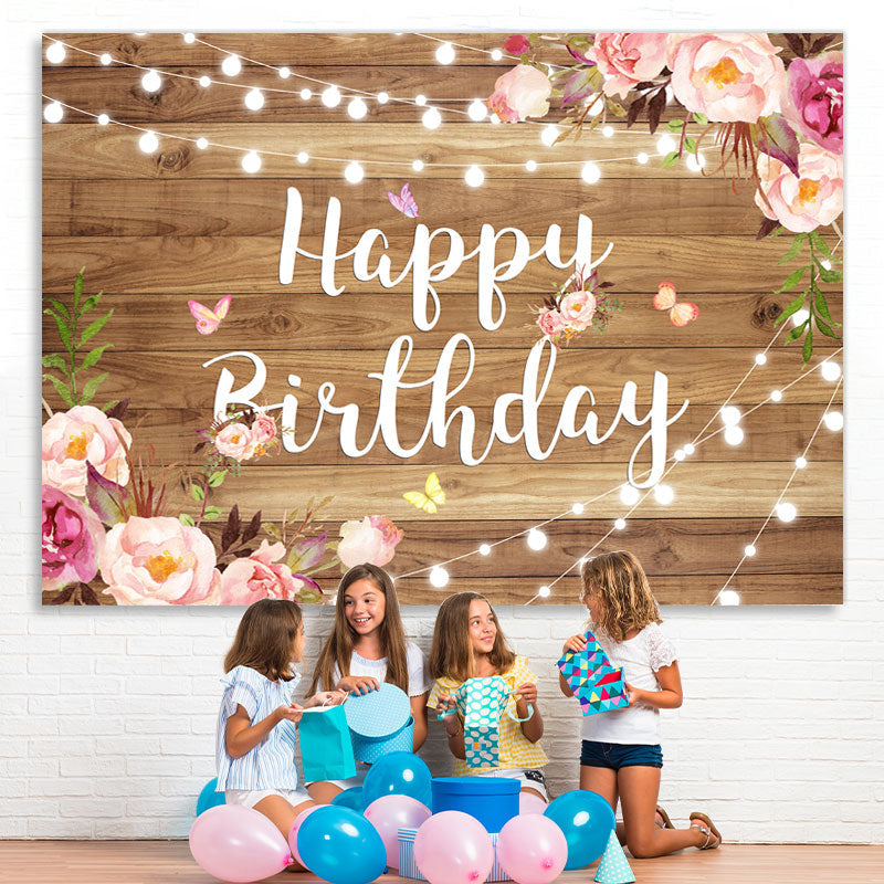 Lofaris Wood Pink and Purple Flower Happy Birthday Backdrop