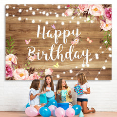 Lofaris Wood Pink and Purple Flower Happy Birthday Backdrop