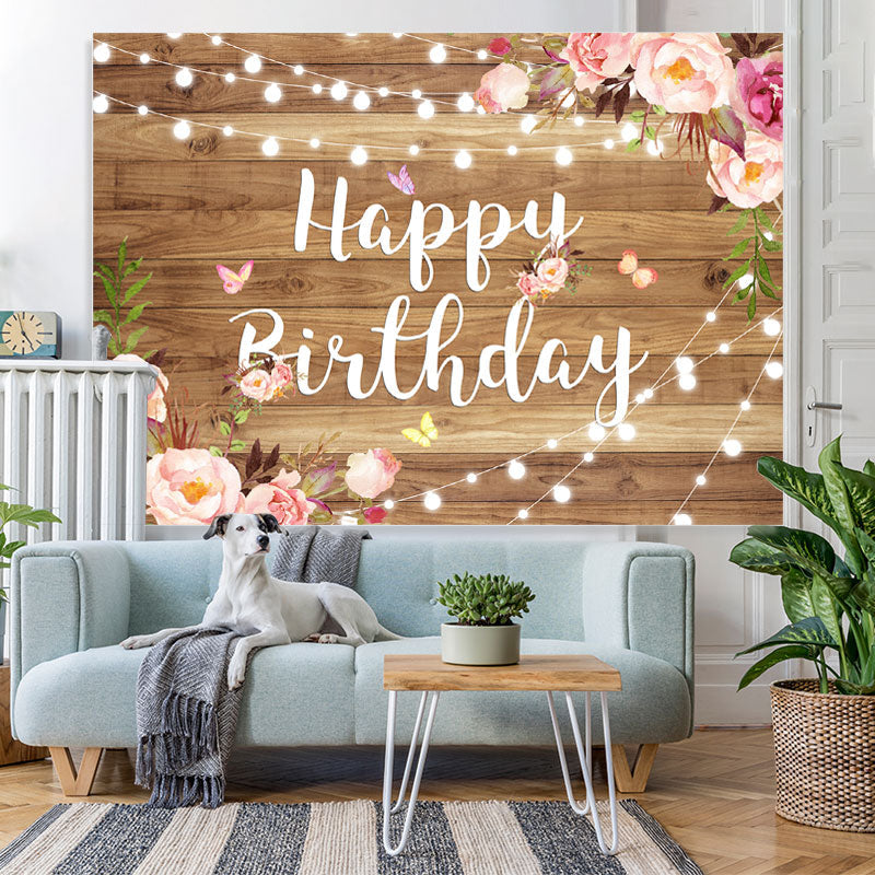 Lofaris Wood Pink and Purple Flower Happy Birthday Backdrop