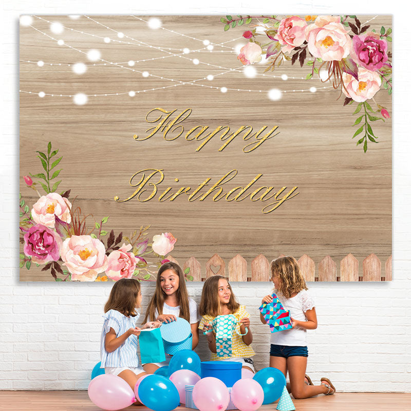 Lofaris Wood Pink Floral and Lights Happy Birthday Backdrop