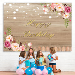 Lofaris Wood Pink Floral and Lights Happy Birthday Backdrop