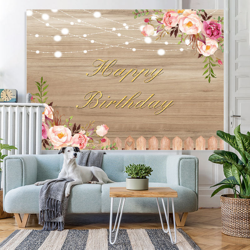 Lofaris Wood Pink Floral and Lights Happy Birthday Backdrop