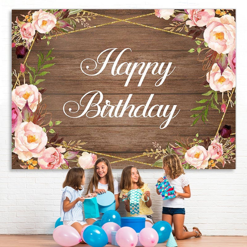 Lofaris Wood Pink Flowers Happy Birthday Backdrop for Women