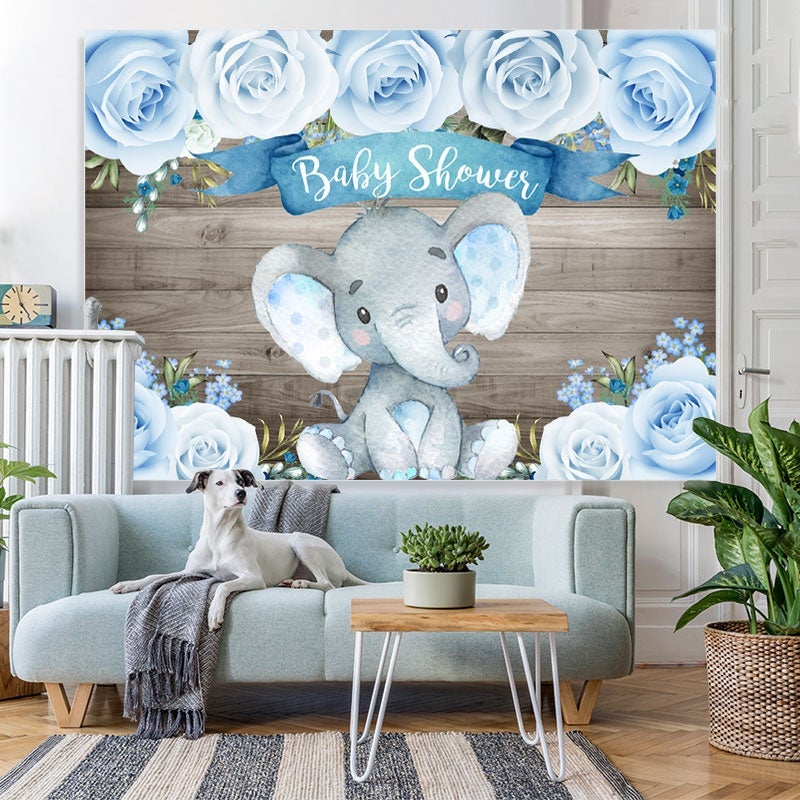 Lofaris Wooden Bule Roses Baby Elephant Shower Backdrop