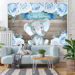 Lofaris Wooden Bule Roses Baby Elephant Shower Backdrop