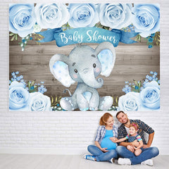 Lofaris Wooden Bule Roses Baby Elephant Shower Backdrop