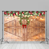 Lofaris Wooden Door With Christmas Wreath Light Holiday Backdrop