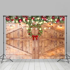 Lofaris Wooden Door With Christmas Wreath Light Holiday Backdrop