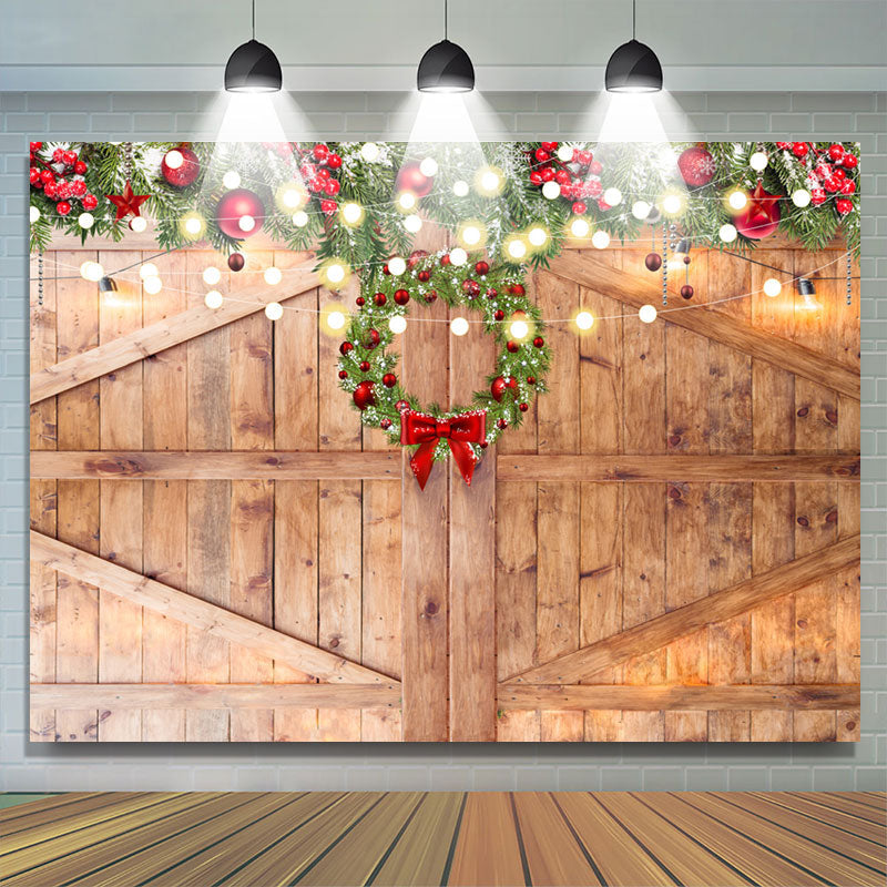Lofaris Wooden Door With Christmas Wreath Light Holiday Backdrop