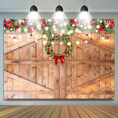 Lofaris Wooden Door With Christmas Wreath Light Holiday Backdrop