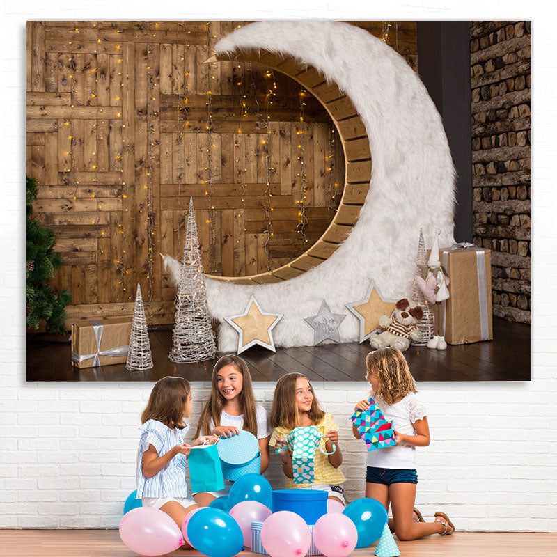 Lofaris Wooden Floor Moon Glitter Light Christmas Backdrop