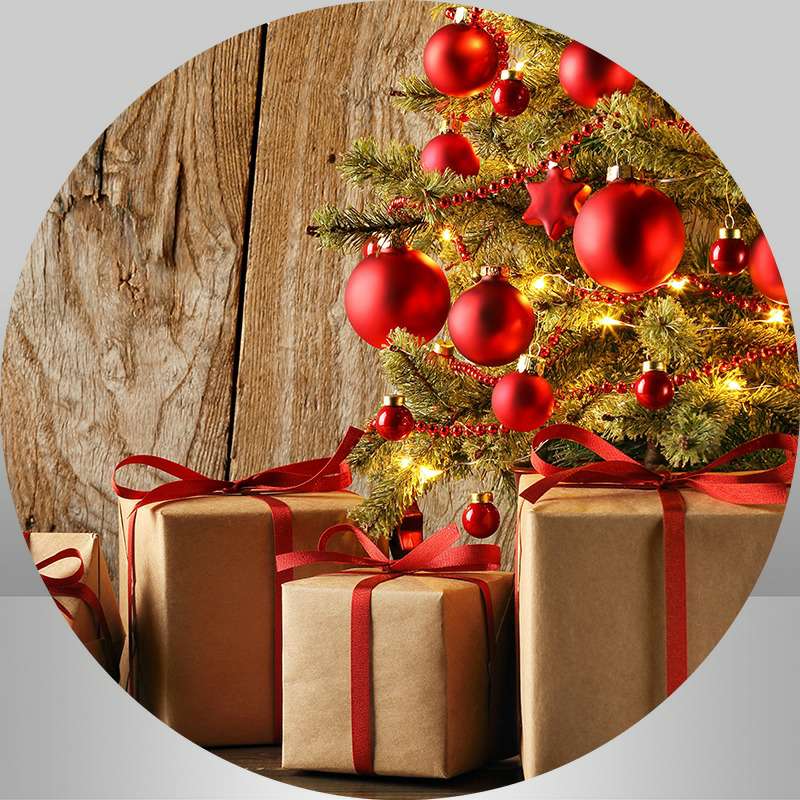 Lofaris Wooden Red And Glitter Circle Christmas Theme Backdrop