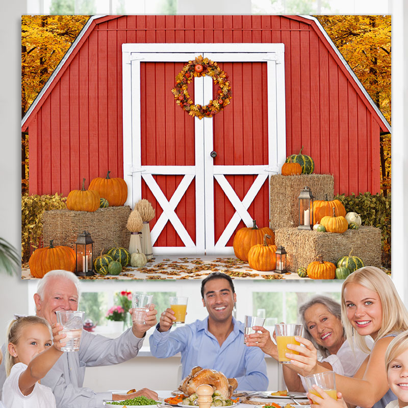 Lofaris Wooden Red House and Ripe Pumpkins Autumn Backdrop